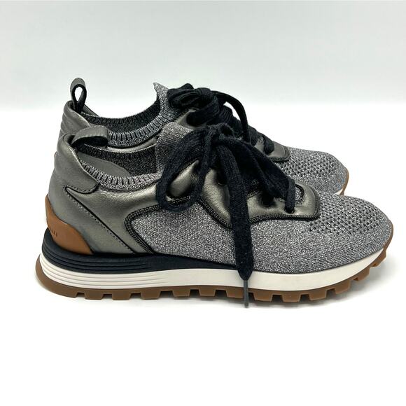 NEW Brunello Cucinelli Metallic Knit and Leather Sneakers Size 35.5 (US 5.5) - Picture 7 of 12
